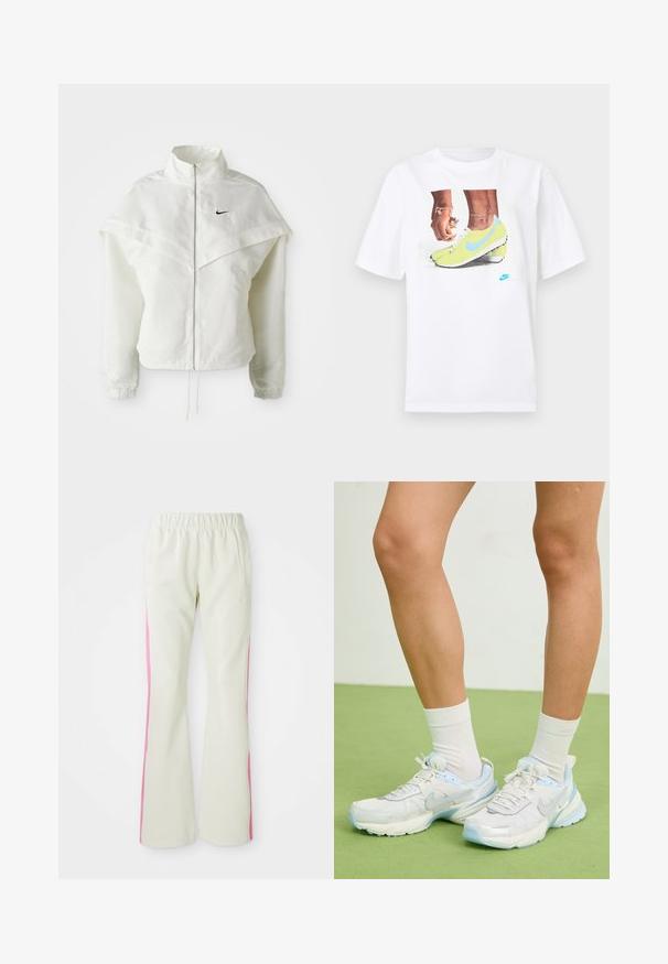 Balta garās piedurknes ar rāvējslēdzēju jaka ar augstu apkakli, apmetņa līdzīga detaļa uz pleciem, elastīgas aproces un mazs melns Nike logotips uz krūtīm.; Balts kokvilnas T-krekls ar grafiku, kurā attēloti zili akcentēti dzelteni Nike zābaki un kreisajā rokā valkāta rokassprādze.; Gaiši beigi bikses ar elastīgu jostu, aprīkotas ar rozā sānu paneļiem un sānu kabatām. Gluda tekstūra ar taisnu kāju dizainu.; Baltas un gaiši zils sporta apavu modelis, kas izgatavots no sieta un sintētiskajiem materiāliem, ar teksturētām akcentiem, noapaļotu formu un ar mīkstinātu zoli.