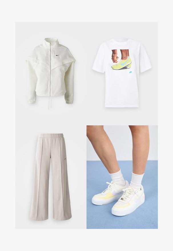 Hvit langermet jakke med glidelås og høy krage, kappe-lignende detaljer over skuldrene, elastiske mansjetter, og liten svart Nike-logo på brystet.; Hvit bomull t-skjorte med et grafisk motiv av føtter i gule Nike fotballsko med blå detaljer, kombinert med et armbånd på venstre håndledd.; Lys grå vide bukser lavet af glat stof. Har en elastisk talje og sort Nike-logo på venstre side.; Hvit lær sneakers med gule og lavendel detaljer, rund tå, flate lisser, og teksturert gummisåle. Brukt med hvite sokker.
