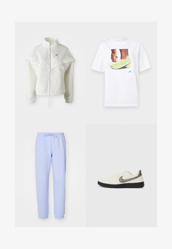 Witte lange mouwen zip-up jas met hoge kraag, cape-achtige details over de schouders, elastische manchetten en een klein zwart Nike-logo op de borst.; Witte katoenen t-shirt met een afbeelding van voeten in gele Nike voetbalschoenen met blauwe accenten, gecombineerd met een armband om de linkerpols.; Lichtblauwe sweatpants van zachte stof. Voorzien van een elastische tailleband met een trekkoord, rechte pijpen en elastische boorden bij de enkels.; Nike Sportswear FIELD GENERAL - Sneakers laag - off-white/black
