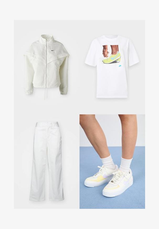 White long-sleeve zip-up jacket with high collar, cape-like detail across shoulders, elastic cuffs, and small black Nike logo on chest.; White cotton t-shirt featuring a graphic of feet in yellow Nike cleats with blue accents, paired with a bracelet on the left wrist.; White wide-leg trousers made from cotton, featuring a smooth texture, straight fit, front pockets, and a clean hem.; White leather sneakers with yellow and lavender accents, round toe, flat laces, and textured rubber sole. Worn with white socks.