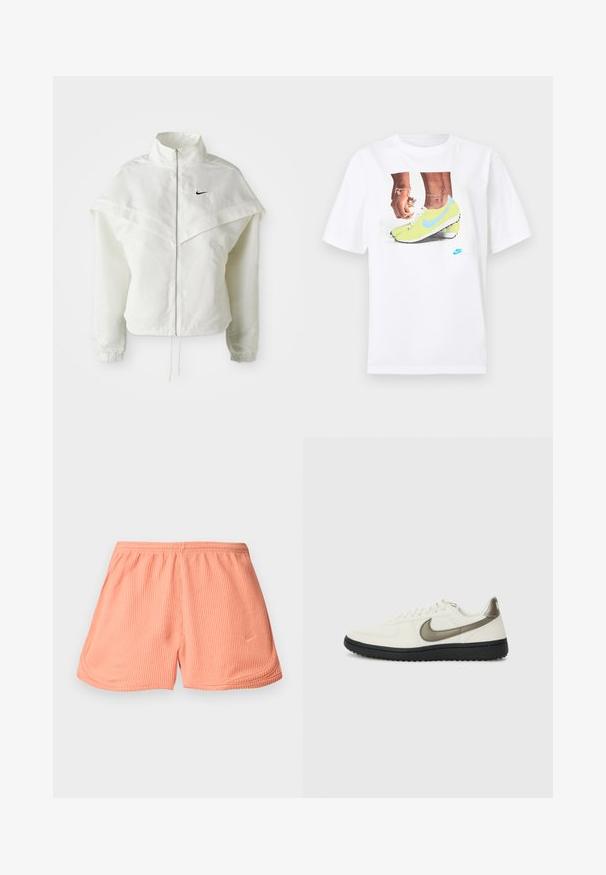 Jaqueta branca de mangas longas com fecho éclair e gola alta, detalhe tipo capa nos ombros, punhos elásticos e pequeno logótipo preto da Nike no peito.; T-shirt branco de algodão com uma gráfica de pés em chuteiras Nike amarelas com detalhes azuis, combinado com uma pulseira no pulso esquerdo.; Calções atléticos rosa com nervuras, apresentam um cós elástico e costuras laterais, com um pequeno logótipo na parte inferior esquerda da frente.; Nike Sportswear FIELD GENERAL - Sapatilhas - off-white/black
