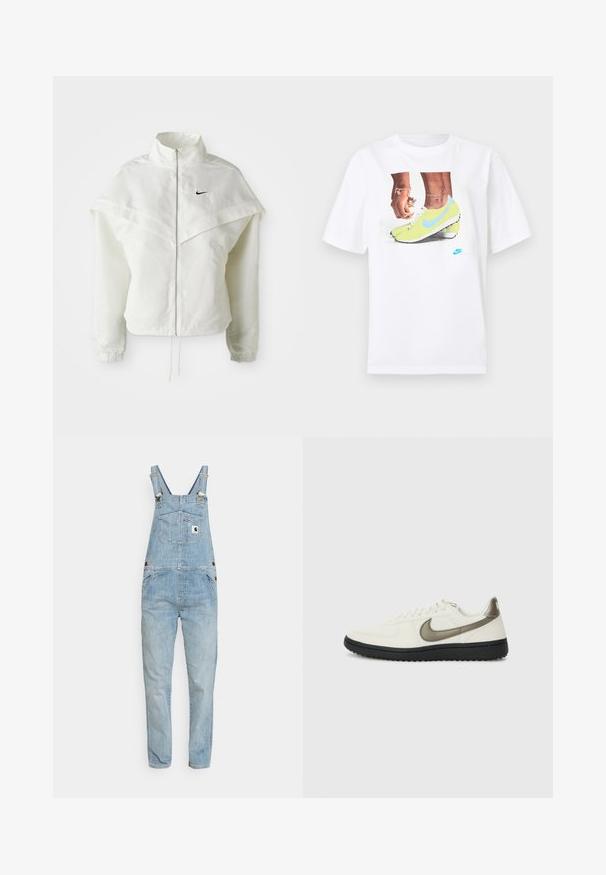Hvid langærmet zip-up jakke med høj krave, kappe-lignende detaljer over skuldrene, elastiske manchetter og lille sort Nike-logo på brystet.; Hvid bomulds t-shirt med et grafisk motiv af fødder i gule Nike støvler med blå accenter, parret med et armbånd på venstre håndled.; Carhartt WIP BIB - Overall /Buksedragter - blue; Nike Sportswear FIELD GENERAL - Sneakers - off-white/black