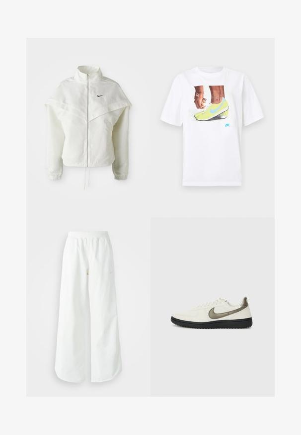 Vit långärmad zip-up jacka med hög krage, kap-liknande detalj över axlarna, elastiska ärmslut och liten svart Nike-logga på bröstet.; Vit bomull t-shirt med en grafik av fötter i gula Nike fotbollsskor med blå accenter, i kombination med ett armband på vänster handled.; Vita vida atletiska byxor med breda ben och ribbad midja samt subtil logodetalj. Slät tyg med avslappnad passform och avsmalnande fåll.; Nike Sportswear FIELD GENERAL - Sneakers - off-white/black