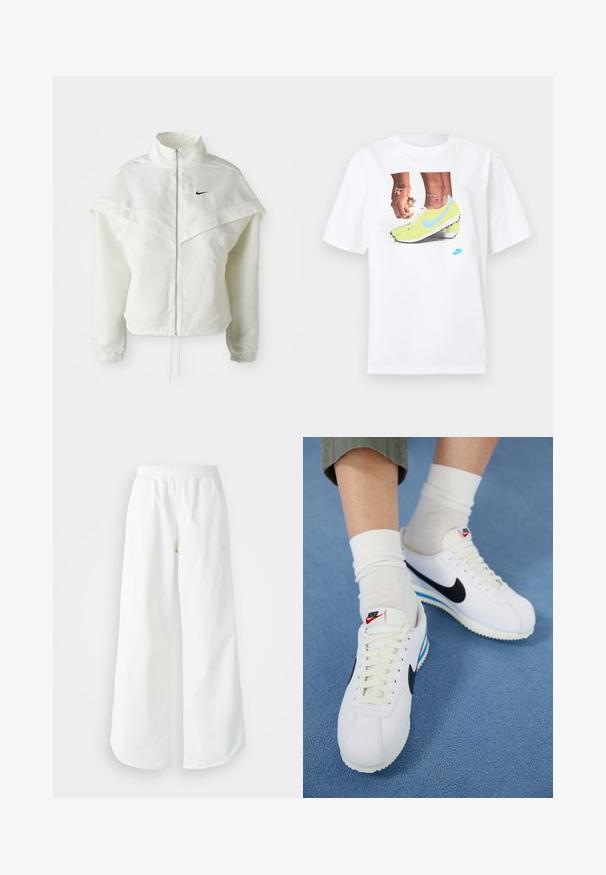 White long-sleeve zip-up jacket with high collar, cape-like detail across shoulders, elastic cuffs, and small black Nike logo on chest.; White cotton t-shirt featuring a graphic of feet in yellow Nike cleats with blue accents, paired with a bracelet on the left wrist.; White wide-leg athletic pants with a ribbed waistband and subtle logo detail. Smooth fabric with a relaxed fit and tapered hem.; White Nike sneakers with black swoosh, lace-up front, and white soles featuring blue accents. Worn with white crew socks over green pants.