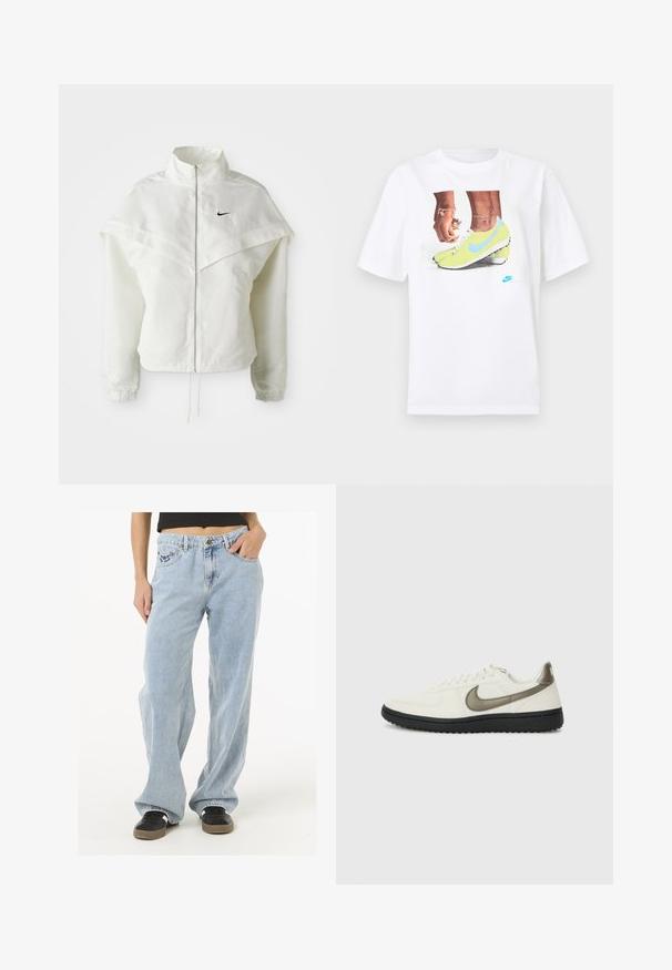 Witte lange mouwen zip-up jas met hoge kraag, cape-achtige details over de schouders, elastische manchetten en een klein zwart Nike-logo op de borst.; Witte katoenen t-shirt met een afbeelding van voeten in gele Nike voetbalschoenen met blauwe accenten, gecombineerd met een armband om de linkerpols.; Lichtblauwe denim jeans met een relaxed fit, vijf zakken, gouden hardware en een subtiele geborduurde logo op de voorzak.; Nike Sportswear FIELD GENERAL - Sneakers laag - off-white/black