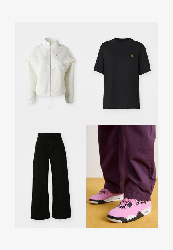 Jaqueta branca de mangas longas com fecho éclair e gola alta, detalhe tipo capa nos ombros, punhos elásticos e pequeno logótipo preto da Nike no peito.; T-shirt de algodão preto com um corte descontraído. Apresenta um decote redondo e mangas curtas. Inclui um pequeno logotipo bordado a dourado no peito.; Calças cargo largas pretas feitas de denim, com cintura alta, fecho frontal com botão e bolsos laterais. Textura suave com costura mínima.; Jordan AIR JORDAN 4 RETRO - Sapatilhas de cano alto - orchid/neutral grey/black/white
