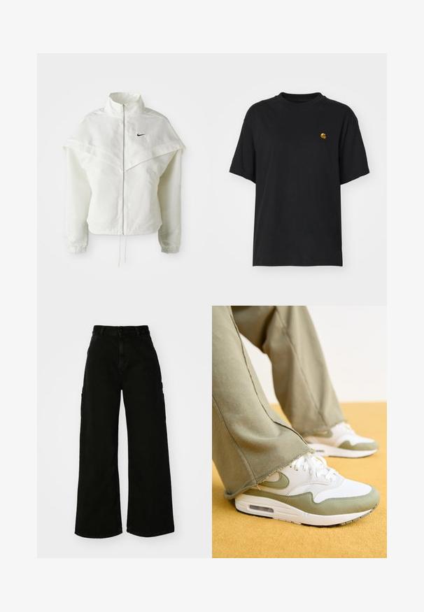 Fehér, hosszú ujjú, zipzáras dzseki magas gallérral, a vállakon lebegő, köpenyszerű résszel, rugalmas mandzsettákkal és kis fekete Nike logóval a mellkason.; Fekete pamut póló laza szabással. Kerek nyakkal és rövid ujjakkal rendelkezik. A mellkason egy kis arany hímzett logó található.; Fekete, bő szárú cargo nadrág, denim anyagból, magas derékkal, elülső gombos záródással és oldalsó zsebekkel. Sima textúra minimális varrással.; Nike Sportswear AIR MAX - Sportcipő - white/light army/neutral/grey/black