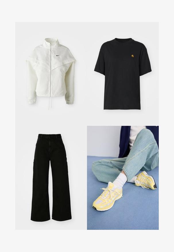 Hvit langermet jakke med glidelås og høy krage, kappe-lignende detaljer over skuldrene, elastiske mansjetter, og liten svart Nike-logo på brystet.; Svart bomulls t-skjorte med løs passform. Har rund hals og korte ermer. Inkluderer en liten gullbrodert logo på brystet.; Svart vide ben cargo bukser laget av denim, med høy midje, front knappestenging og sidelommer. Glatt tekstur med minimal søm.; Gule sportsko med mesh- og syntetiske overlegg, som har hvite snører, en svart såle og en distinkt logo på tungen.