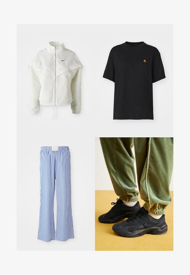 Fehér, hosszú ujjú, zipzáras dzseki magas gallérral, a vállakon lebegő, köpenyszerű résszel, rugalmas mandzsettákkal és kis fekete Nike logóval a mellkason.; Fekete pamut póló laza szabással. Kerek nyakkal és rövid ujjakkal rendelkezik. A mellkason egy kis arany hímzett logó található.; Kék és fehér csíkos, laza fazonú nadrág, könnyű anyagból készült, rugalmas derékpánttal és diszkrét logócímkével.; Fekete sportcipők hálós és szintetikus borítással, texturált talppal, zöld, rugalmas mandzsettájú melegítőnadrággal, sárga felületen.