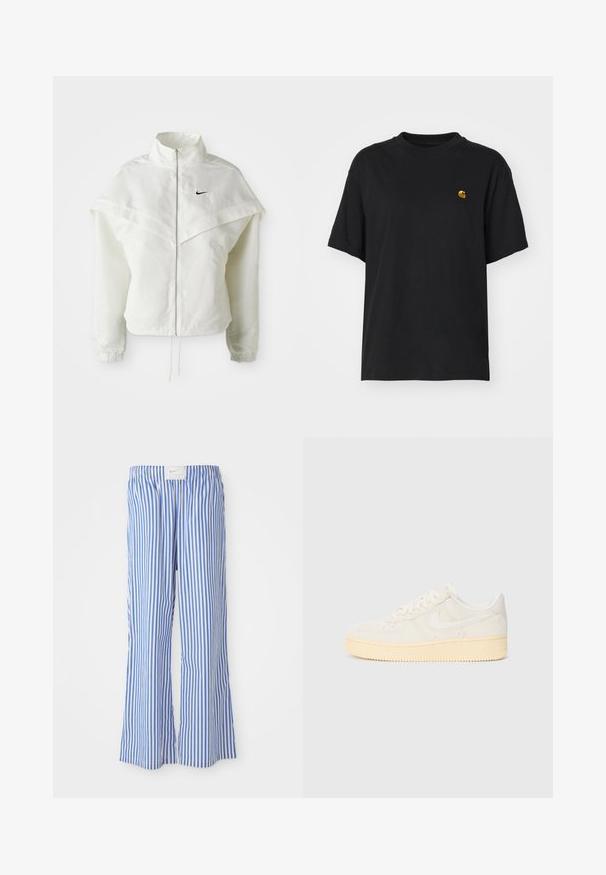 Jaqueta branca de mangas longas com fecho éclair e gola alta, detalhe tipo capa nos ombros, punhos elásticos e pequeno logótipo preto da Nike no peito.; T-shirt de algodão preto com um corte descontraído. Apresenta um decote redondo e mangas curtas. Inclui um pequeno logotipo bordado a dourado no peito.; Calças listradas em azul e branco com um ajuste descontraído, feitas de tecido leve, com um cós elástico e uma etiqueta com um logótipo discreto.; Sapatilha branca com parte superior texturizada, biqueira arredondada e sola de borracha de tom amarelo. Apresenta um logo discreto e fecho com atacadores.