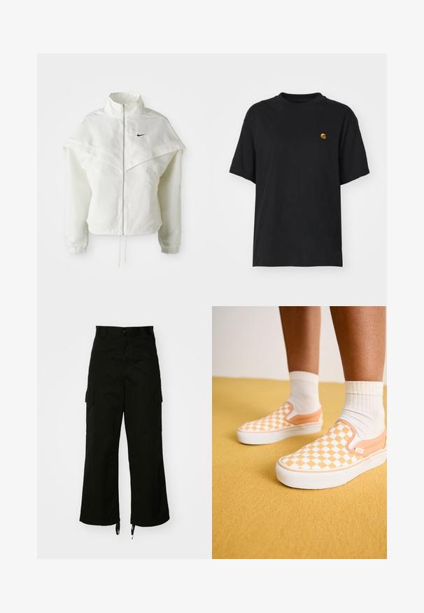 Veste zippée à manches longues blanche avec col haut, détail de type cape sur les épaules, poignets élastiques et petit logo Nike noir sur la poitrine.; T-shirt en coton noir à coupe décontractée. Présente un col rond et des manches courtes. Comprend un petit logo doré brodé sur la poitrine.; Pantalons cargo noirs en coton, dotés de jambes larges, de poches latérales et d'ourlets à cordon de serrage. Le design comprend un bouton de fermeture à la taille.; Vans CLASSIC SLIP-ON PLATFORM - Baskets basses - apricot