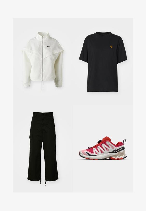 Weiße langärmlige Zip-Jacke mit hohem Kragen, cape-artigem Detail über den Schultern, elastischen Bündchen und kleinem schwarzen Nike-Logo auf der Brust.; Schwarzes Baumwoll-T-Shirt mit lockerer Passform. Hat einen Rundhalsausschnitt und kurze Ärmel. Enthält ein kleines, goldfarben gesticktes Logo auf der Brust.; Schwarze Cargo-Hosen aus Baumwolle mit weitem Bein, seitlichen Taschen und Kordelzügen am Saum. Das Design umfasst einen Knopfverschluss an der Taille.; Rot und rosa Netzsneaker mit weißen und schwarzen Akzenten. Verfügt über einen gepolsterten Kragen, ein Klettverschluss-Schnürsystem und eine strukturierte Gummisohle.