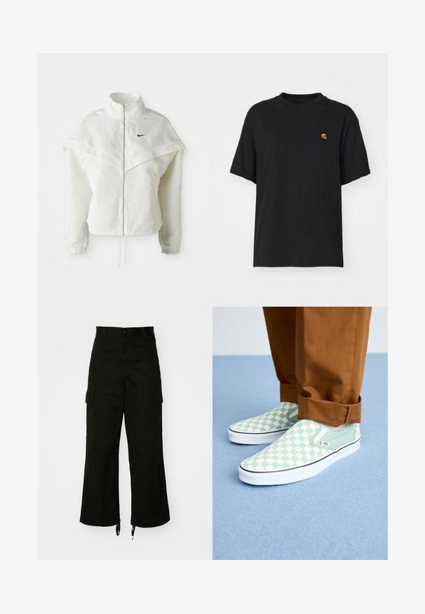 Biała, długozapinana kurtka na zamek z wysokim kołnierzem, z pelerynowym detalem na ramionach, elastycznymi mankietami i małym czarnym logo Nike na piersi.; Czarna bawełniana koszulka z luźnym krojem. Posiada okrągły dekolt oraz krótkie rękawy. Zawiera małe złote haftowane logo na piersi.; Czarne spodnie cargo z bawełny, o szerokich nogawkach, z kieszeniami po bokach i z regulowanym wykończeniem. Projekt zawiera zapięcie na guzik w talii.; Stopy w brązowych spodni z mankietami noszące pastelowozielone i białe trampki w kratkę Vans na błękitnym wykładzinowym podłodze.