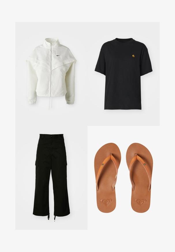 Valge pikkade varrukatega tõmblukuga jakk kõrge kraega, kätetooted, mis meenutavad katet õlgadel, elastsete mansettidega ja väikese musta Nike logoga rinnal.; Must must särk lõdva lõikega. Omab ümmargust kaelust ja lühikesi varrukaid. Rinnal on väike kuldne tikandiga logo.; Mustadest puuvillast cargo-püksidest, millel on laiad sääred, küljetaskud ja nööriga lõpulised säärised. Disain sisaldab nööbi sulgemist vöökohal.; Pruunid sünteetilised flip-flop sandalid oranžide rihmadega, tekstuurse pinnaga ja reljeefse südame logo detailiga taldadel.