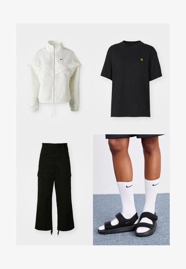 Biała, długozapinana kurtka na zamek z wysokim kołnierzem, z pelerynowym detalem na ramionach, elastycznymi mankietami i małym czarnym logo Nike na piersi.; Czarna bawełniana koszulka z luźnym krojem. Posiada okrągły dekolt oraz krótkie rękawy. Zawiera małe złote haftowane logo na piersi.; Czarne spodnie cargo z bawełny, o szerokich nogawkach, z kieszeniami po bokach i z regulowanym wykończeniem. Projekt zawiera zapięcie na guzik w talii.; Czarne obuwie z otwartym noskiem, wykonane z gładkiego materiału, z regulowanymi paskami i teksturowaną podeszwą. Noszone są białe skarpetki z żeberkami.