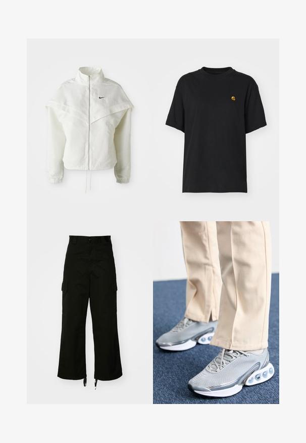 Biała, długozapinana kurtka na zamek z wysokim kołnierzem, z pelerynowym detalem na ramionach, elastycznymi mankietami i małym czarnym logo Nike na piersi.; Czarna bawełniana koszulka z luźnym krojem. Posiada okrągły dekolt oraz krótkie rękawy. Zawiera małe złote haftowane logo na piersi.; Czarne spodnie cargo z bawełny, o szerokich nogawkach, z kieszeniami po bokach i z regulowanym wykończeniem. Projekt zawiera zapięcie na guzik w talii.; Szare buty sportowe z siateczkową cholewką, okrągłym noskiem i amortyzowaną podeszwą; posiadają małe poduszki powietrzne w podeszwie dla dodatkowego wsparcia.