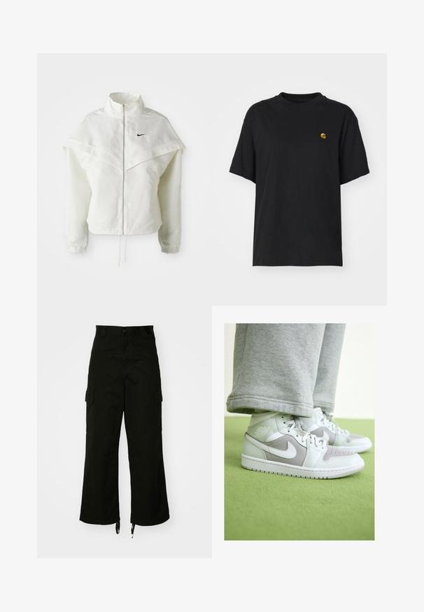 White long-sleeve zip-up jacket with high collar, cape-like detail across shoulders, elastic cuffs, and small black Nike logo on chest.; Black cotton t-shirt with a relaxed fit. Features a round neck and short sleeves. Includes a small gold embroidered logo on the chest.; Black cargo pants made from cotton, featuring wide legs, side pockets, and drawstring hems. The design includes a button closure at the waist.; High-top sneakers in light gray and white leather with perforated toe, Nike swoosh, and embossed logo on the ankle. Rubber sole.