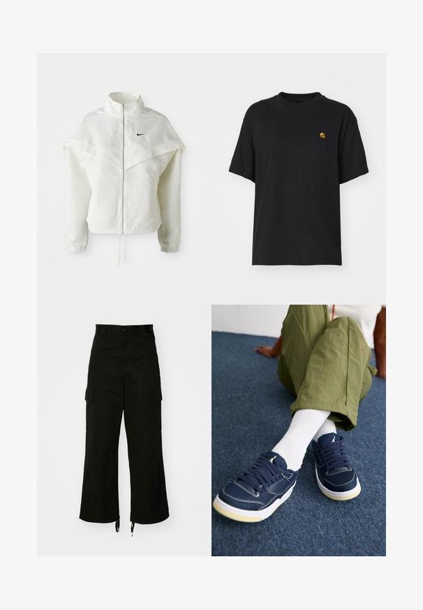 Valge pikkade varrukatega tõmblukuga jakk kõrge kraega, kätetooted, mis meenutavad katet õlgadel, elastsete mansettidega ja väikese musta Nike logoga rinnal.; Must must särk lõdva lõikega. Omab ümmargust kaelust ja lühikesi varrukaid. Rinnal on väike kuldne tikandiga logo.; Mustadest puuvillast cargo-püksidest, millel on laiad sääred, küljetaskud ja nööriga lõpulised säärised. Disain sisaldab nööbi sulgemist vöökohal.; Inimene, kes kannab rohelisi pükse, valgeid lühikesi sokke ja tumedat sinist jalatsit valgete talladega, istub tumesinisel vaibal.