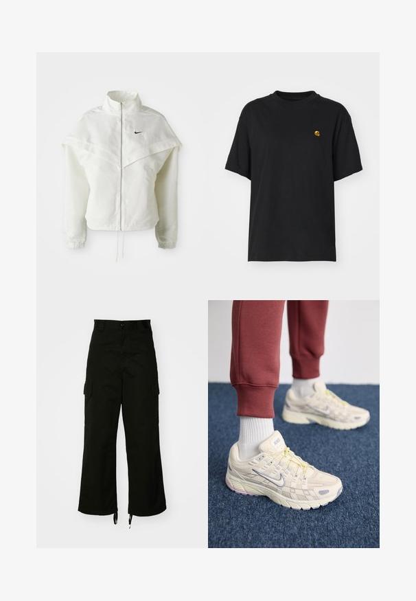 White long-sleeve zip-up jacket with high collar, cape-like detail across shoulders, elastic cuffs, and small black Nike logo on chest.; Black cotton t-shirt with a relaxed fit. Features a round neck and short sleeves. Includes a small gold embroidered logo on the chest.; Black cargo pants made from cotton, featuring wide legs, side pockets, and drawstring hems. The design includes a button closure at the waist.; Nike Sportswear P-6000 ITS - Trainers - light bone/platinum violet/cement grey/platinum violet/life lime