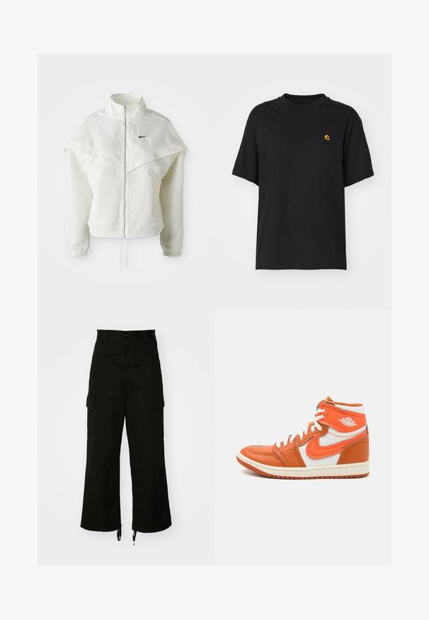Biała, długozapinana kurtka na zamek z wysokim kołnierzem, z pelerynowym detalem na ramionach, elastycznymi mankietami i małym czarnym logo Nike na piersi.; Czarna bawełniana koszulka z luźnym krojem. Posiada okrągły dekolt oraz krótkie rękawy. Zawiera małe złote haftowane logo na piersi.; Czarne spodnie cargo z bawełny, o szerokich nogawkach, z kieszeniami po bokach i z regulowanym wykończeniem. Projekt zawiera zapięcie na guzik w talii.; Wysokie sneakersy z pomarańczowej skóry i białych paneli tekstylnych, z gumową podeszwą i wyraźnym detalem logo z boku.