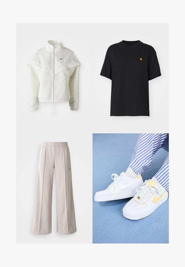 Weiße langärmlige Zip-Jacke mit hohem Kragen, cape-artigem Detail über den Schultern, elastischen Bündchen und kleinem schwarzen Nike-Logo auf der Brust.; Schwarzes Baumwoll-T-Shirt mit lockerer Passform. Hat einen Rundhalsausschnitt und kurze Ärmel. Enthält ein kleines, goldfarben gesticktes Logo auf der Brust.; Helle graue, weit geschnittene Hose aus glattem Stoff. Mit einem elastischen Bund und dem schwarzen Nike-Logo auf der linken Seite.; Weiße Nike Air Force 1 Sneaker mit gelben Akzenten und gelochtem Zehenbereich, kombiniert mit gestreiften blauen und weißen Hosen. Texturierter blauer Hintergrund.