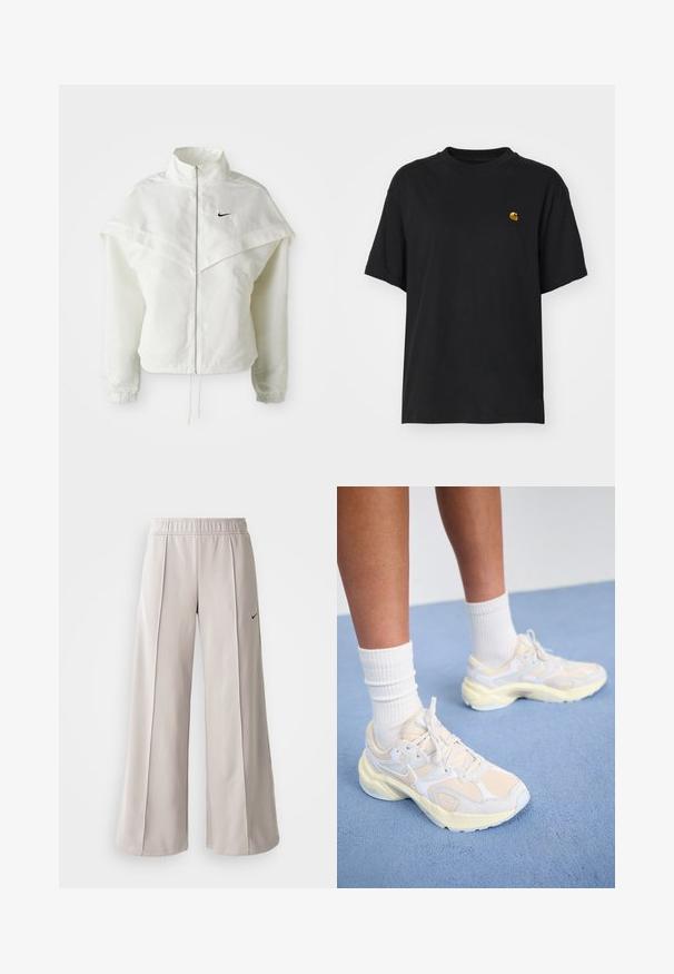 Bjela jakna dugih rukava s patentnim zatvaračem i visokim ovratnikom, s kapastim detaljima preko ramena, elastičnim manžetama i malim crnim Nike logom na prsima.; Crna pamučna majica s opuštenim krojem. Ima okrugli izrez i kratke rukave. Sadrži mali zlatni izvezeni logo na prsima.; Svijetlosive hlače širokih nogavica od glatkog materijala. Imaju elastičnu traku u struku i crni Nike logo na lijevoj strani.; Elegantne atletske cipele u svijetložutoj i bijeloj boji, s mrežastim i sintetičkim materijalima, zaobljenim oblikom i teksturiranim potplatima.