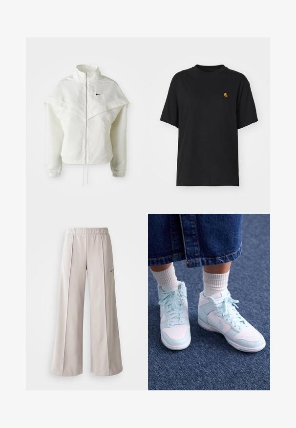 Hvit langermet jakke med glidelås og høy krage, kappe-lignende detaljer over skuldrene, elastiske mansjetter, og liten svart Nike-logo på brystet.; Svart bomulls t-skjorte med løs passform. Har rund hals og korte ermer. Inkluderer en liten gullbrodert logo på brystet.; Lys grå vide bukser lavet af glat stof. Har en elastisk talje og sort Nike-logo på venstre side.; Høye sneakers i lyseblå og hvit med perforert tåkappe og matchende lisse, båret med hvite ribbestrikkede sokker og et denimskjørt.