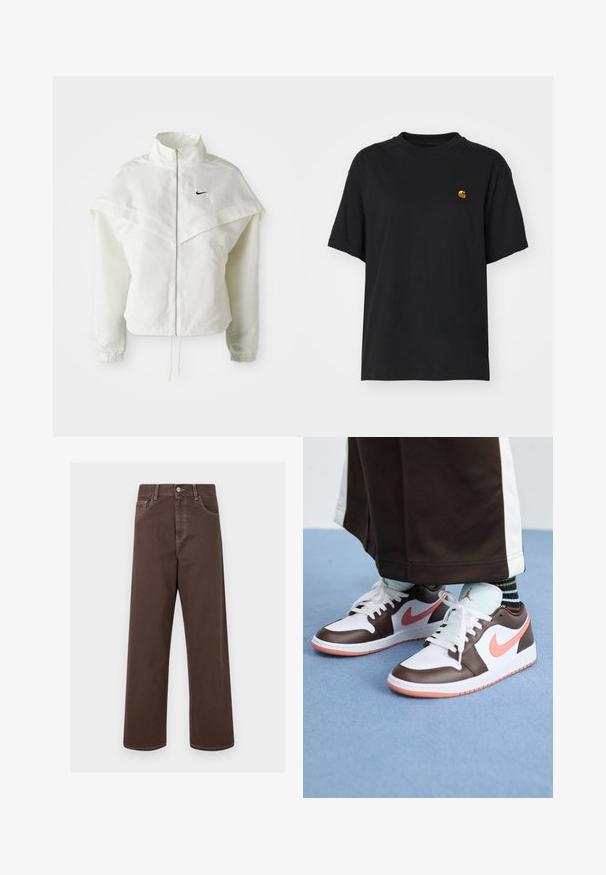 Fehér, hosszú ujjú, zipzáras dzseki magas gallérral, a vállakon lebegő, köpenyszerű résszel, rugalmas mandzsettákkal és kis fekete Nike logóval a mellkason.; Fekete pamut póló laza szabással. Kerek nyakkal és rövid ujjakkal rendelkezik. A mellkason egy kis arany hímzett logó található.; Barna, bővített lábú farmernadrág kontrasztos varrással, öt zsebbel és fémből készült gombos záródással. Sima textúra, egyenes szabás.; Fehér és barna Nike Air Jordan sportcipők rózsaszín kiemelésekkel, alacsony szárú dizájnnal, fehér fűzőkkel és texturált gumitalppal.
