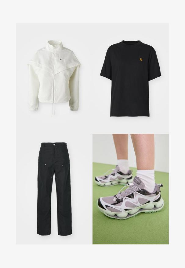 Biela bunda s dlhým rukávom na zips a vysokým golierom, s plášťovým detailom cez plecia, elastickými manžetami a malým čiernym logom Nike na hrudi.; Čierne bavlnené tričko s voľným strihom. Má okrúhly výstrih a krátke rukávy. Obsahuje malé zlaté vyšívané logo na hrudi.; Čierne nohavice so strihom rovného nohavicu, vyrobené z textúrovanej tkaniny. Obsahujú dekoratívne strieborné kovanie a jedinečné detaily švov.; Svetlofialové športové topánky GORE-TEX s textúrovaným sieťovým zvrškom, čiernymi akcentmi a tvarovanou podrážkou. Obsahujú elastické šnúrky a polstrovaný golier.
