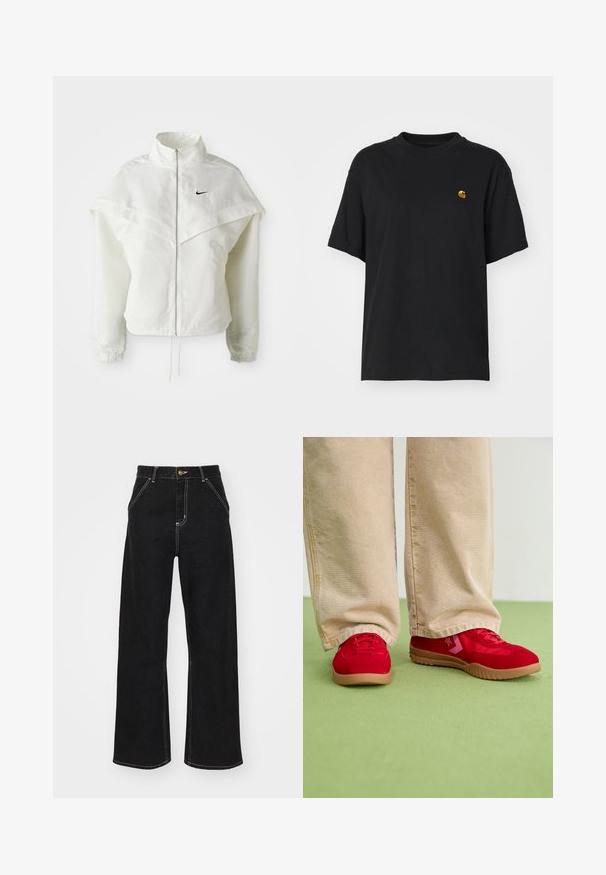 Hvit langermet jakke med glidelås og høy krage, kappe-lignende detaljer over skuldrene, elastiske mansjetter, og liten svart Nike-logo på brystet.; Svart bomulls t-skjorte med løs passform. Har rund hals og korte ermer. Inkluderer en liten gullbrodert logo på brystet.; Svarte vide jeans laget av denim, med kontrasterende hvite sømmer og en frontknapplukking, samt to skrå frontlommer.; Røde fløyels-sneakers med flat gummisåle og rosa detaljer, parret med beige vide bukser på et grønt gulv.