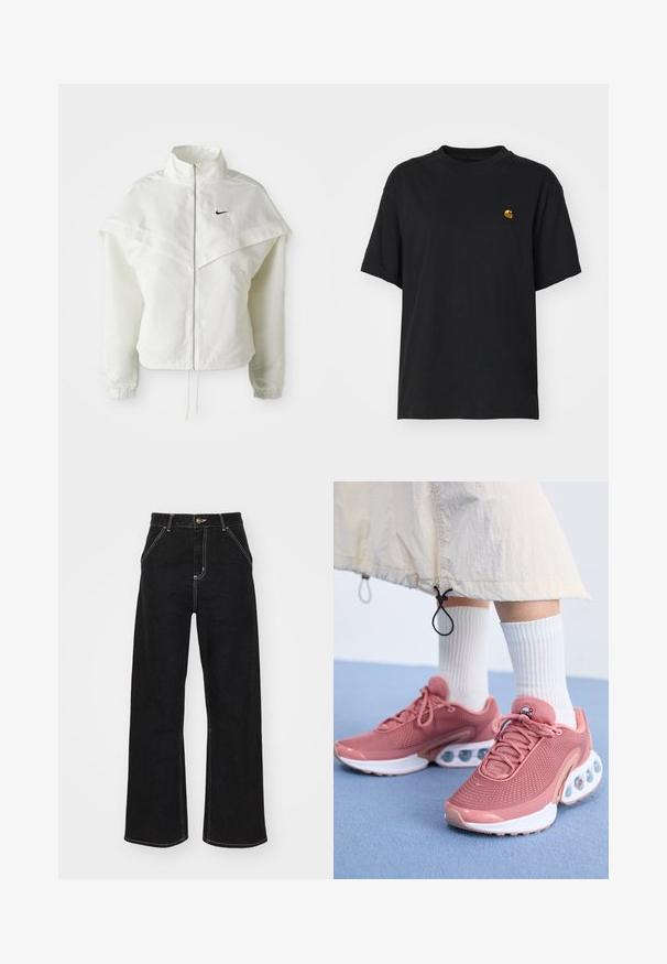 Jachetă albă cu mâneci lungi, cu fermoar, guler înalt, detalii asemănătoare unei capele pe umeri, manșete elastice și un mic logo Nike negru pe piept.; Tricou din bumbac negru, cu o croială lejeră. Are guler rotund și mâneci scurte. Include un mic logo brodat auriu pe piept.; Jeans negri, cu pantaloni evazați, din denim, caracterizându-se prin cusături albe contrastante și închidere cu un nasture în față, având două buzunare frontale înclinate.; Pantofi sport roz cu un superior din plasă texturată, talpă cu amortizare și accente de bule de aer transparente. Asortați cu șosete albe cu textură în dungi.