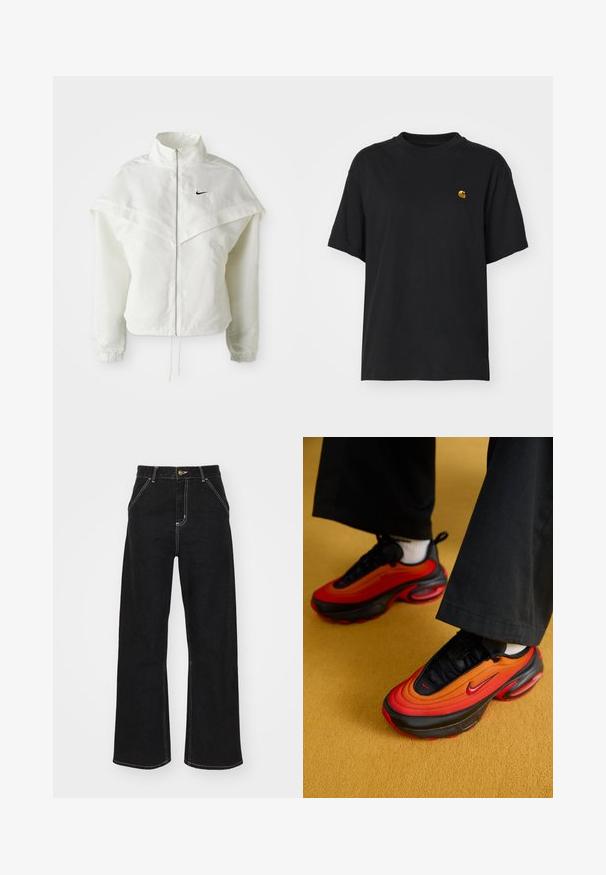 Fehér, hosszú ujjú, zipzáras dzseki magas gallérral, a vállakon lebegő, köpenyszerű résszel, rugalmas mandzsettákkal és kis fekete Nike logóval a mellkason.; Fekete pamut póló laza szabással. Kerek nyakkal és rövid ujjakkal rendelkezik. A mellkason egy kis arany hímzett logó található.; Fekete, széles szárú farmernadrág, kontrasztos fehér varrással és elülső gombos záródással, két ferde elülső zsebbel.; Fekete és piros sportcipők fokozatos narancssárga részletekkel, lekerekített forma, hangsúlyos fűzők, és légpárnás sarok. Fekete nadrág és zoknik láthatók.