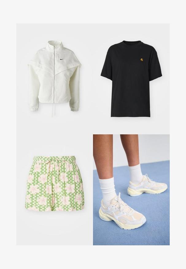 Witte lange mouwen zip-up jas met hoge kraag, cape-achtige details over de schouders, elastische manchetten en een klein zwart Nike-logo op de borst.; Zwarte katoenen t-shirt met een relaxte pasvorm. Heeft een ronde hals en korte mouwen. Bevat een klein goud geborduurd logo op de borst.; Groene shorts met wit golvend patroon en roze bloemaccenten. Voorzien van een elastische tailleband en verstelbare strik. Gemaakt van lichtgewicht stof.; Slanke sportieve schoenen in lichtgeel en wit, met een combinatie van mesh- en synthetische materialen, een afgeronde vorm en gestructureerde zolen.