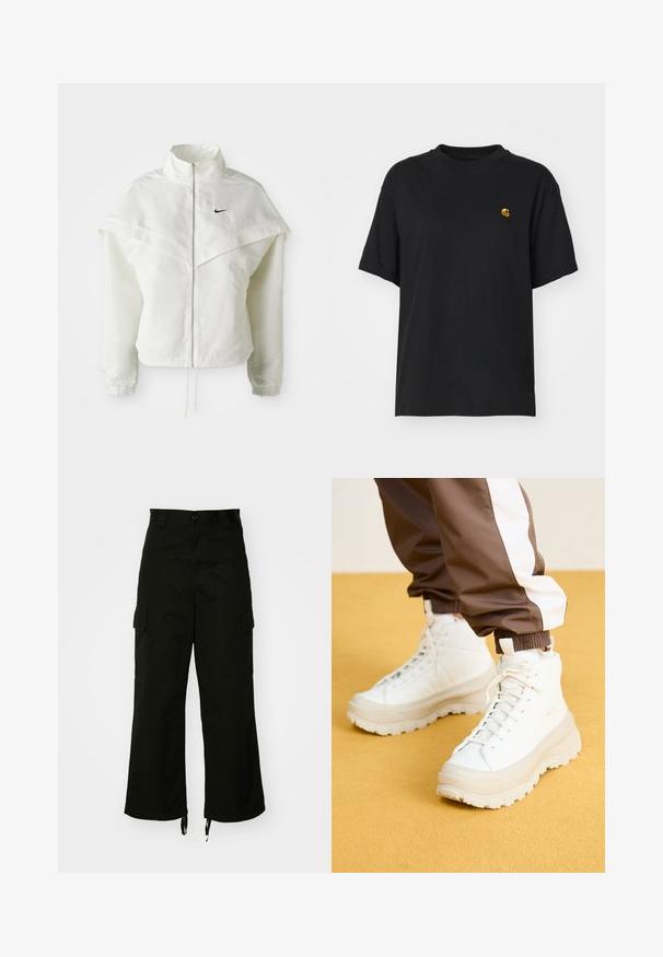 White long-sleeve zip-up jacket with high collar, cape-like detail across shoulders, elastic cuffs, and small black Nike logo on chest.; Black cotton t-shirt with a relaxed fit. Features a round neck and short sleeves. Includes a small gold embroidered logo on the chest.; Black cargo pants made from cotton, featuring wide legs, side pockets, and drawstring hems. The design includes a button closure at the waist.; White high-top sneakers with a chunky, textured sole, featuring a smooth upper, round toe, and tonal laces, set against a yellow background.