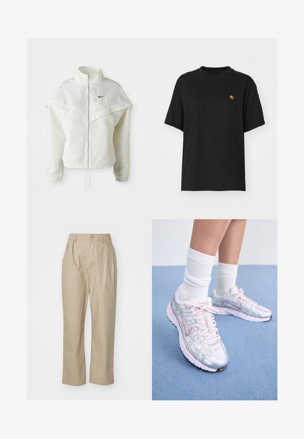 Fehér, hosszú ujjú, zipzáras dzseki magas gallérral, a vállakon lebegő, köpenyszerű résszel, rugalmas mandzsettákkal és kis fekete Nike logóval a mellkason.; Fekete pamut póló laza szabással. Kerek nyakkal és rövid ujjakkal rendelkezik. A mellkason egy kis arany hímzett logó található.; Vékony bézs vászon nadrág, laza szabással, elülső redőkkel, egy gombos záródással és egyenes lábakkal, varrt szegésekkel.; Nike futócipők ezüst hálós felsőrésszel, rózsaszín kiegészítőkkel, fehér fűzővel és texturált talppal. Fehér pamut sport zoknival viselve.