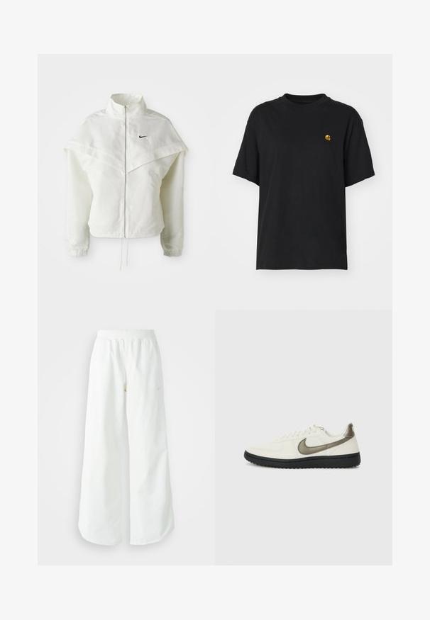 White long-sleeve zip-up jacket with high collar, cape-like detail across shoulders, elastic cuffs, and small black Nike logo on chest.; Black cotton t-shirt with a relaxed fit. Features a round neck and short sleeves. Includes a small gold embroidered logo on the chest.; White wide-leg athletic pants with a ribbed waistband and subtle logo detail. Smooth fabric with a relaxed fit and tapered hem.; Nike Sportswear FIELD GENERAL - Trainers - off-white/black