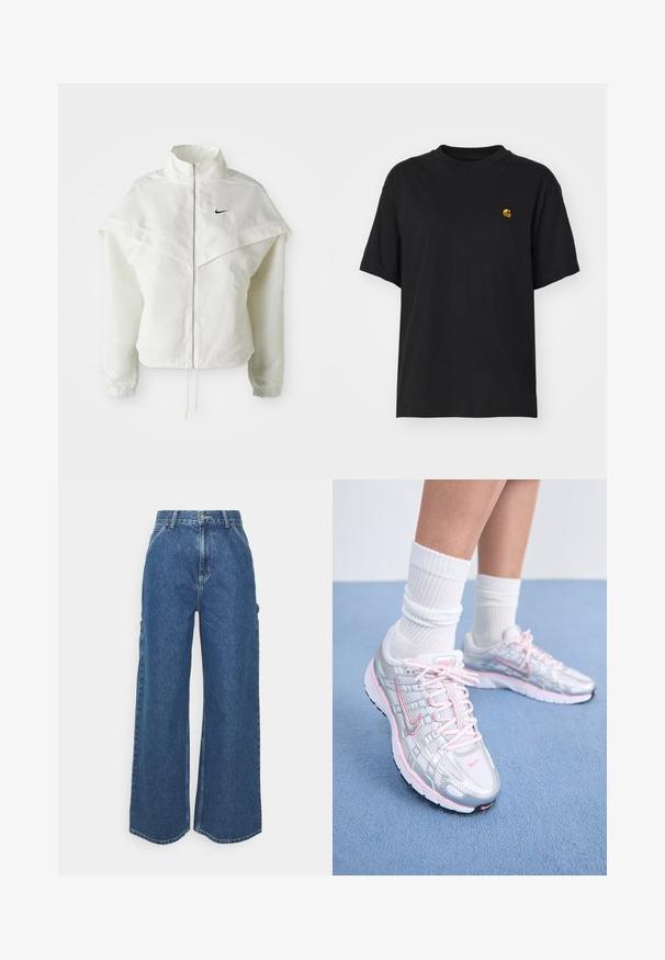 Biała, długozapinana kurtka na zamek z wysokim kołnierzem, z pelerynowym detalem na ramionach, elastycznymi mankietami i małym czarnym logo Nike na piersi.; Czarna bawełniana koszulka z luźnym krojem. Posiada okrągły dekolt oraz krótkie rękawy. Zawiera małe złote haftowane logo na piersi.; Szerokie niebieskie dżinsowe spodnie z wysokim stanem, kontrastowymi szwami i bocznymi kieszeniami, z klasycznym pięciokieszeniowym wzorem i surowymi brzegami.; Buty do biegania Nike z metalizowaną siateczką w kolorze srebrnym i różowymi akcentami, białymi sznurowadłami oraz teksturowaną podeszwą. Noszone z białymi skarpetkami sportowymi z bawełny.