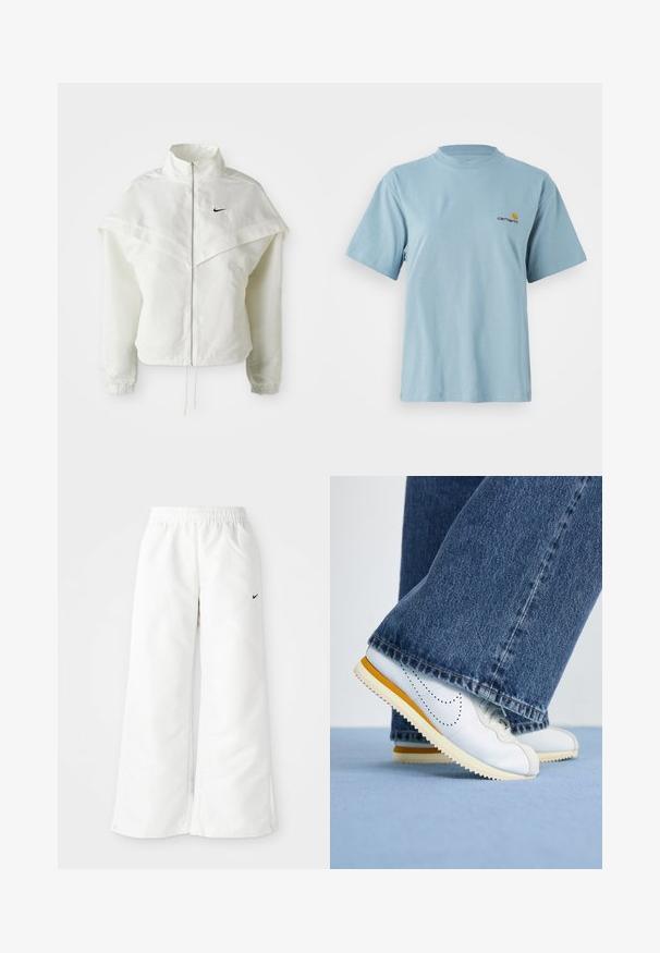 White long-sleeve zip-up jacket with high collar, cape-like detail across shoulders, elastic cuffs, and small black Nike logo on chest.; Light blue short-sleeve cotton t-shirt with round neck and small yellow and red Carhartt logo on left chest.; White athletic pants with a wide-leg design, elastic waistband, and a small black Nike logo on the left side. Smooth, lightweight material.; White leather sneakers with yellow accents, round toe, and textured rubber sole, paired with dark blue denim flared pants.