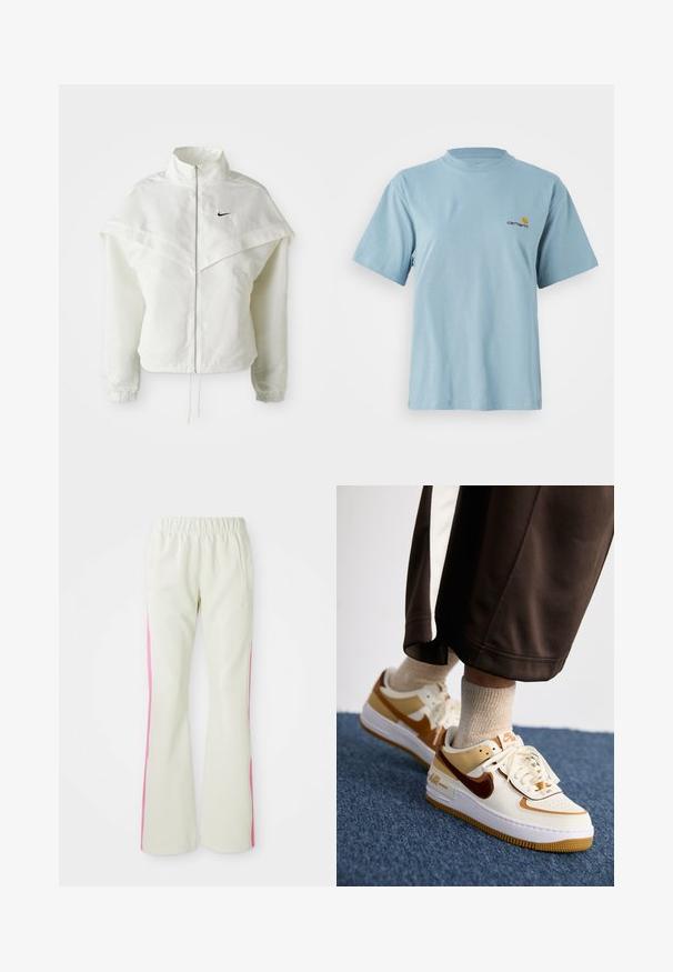 White long-sleeve zip-up jacket with high collar, cape-like detail across shoulders, elastic cuffs, and small black Nike logo on chest.; Light blue short-sleeve cotton t-shirt with round neck and small yellow and red Carhartt logo on left chest.; Light beige pants with an elastic waistband, featuring pink side panels and side pockets. Smooth texture with a straight-leg design.; Nike Sportswear AIR FORCE 1 SHADOW - Trainers - sail/cacao wow/flax/sesame/white/light brown