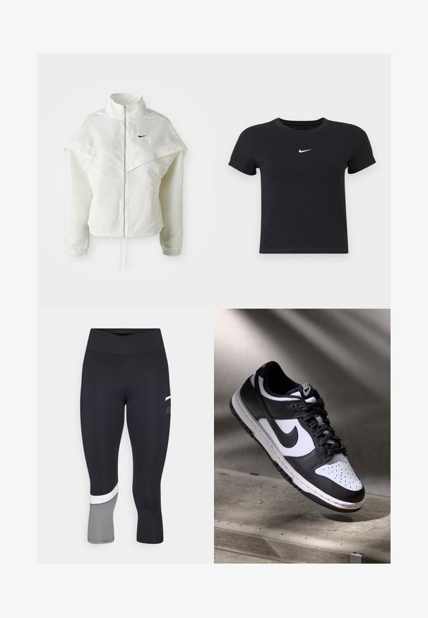 White long-sleeve zip-up jacket with high collar, cape-like detail across shoulders, elastic cuffs, and small black Nike logo on chest.; Black short-sleeve t-shirt made of cotton with a round neckline. Features a white Nike logo on the chest, minimalistic design, and fitted shape.; Endless LINE POCKET - 3/4 sports trousers - black/grey; Black and white Nike Dunk Low sneaker with leather upper, perforated toe box, and black laces, featuring a white sole and logo accents.
