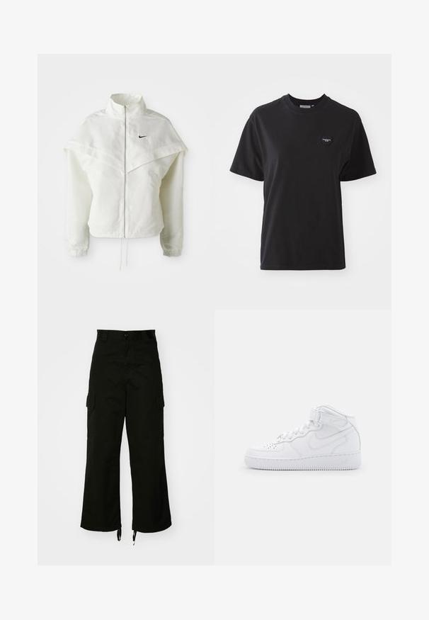 Biała, długozapinana kurtka na zamek z wysokim kołnierzem, z pelerynowym detalem na ramionach, elastycznymi mankietami i małym czarnym logo Nike na piersi.; Czarny bawełniany t-shirt z okrągłym dekoltem, krótkimi rękawami i małym serduszkowym logo w górnym lewym rogu. Gładka tekstura, luźny krój.; Czarne spodnie cargo z bawełny, o szerokich nogawkach, z kieszeniami po bokach i z regulowanym wykończeniem. Projekt zawiera zapięcie na guzik w talii.; Białe sneakersy za kostkę wykonane ze skóry z wyściełanym kołnierzem, perforowanym noskiem, sznurówkami i regulowanym paskiem wokół kostki; logo po boku.