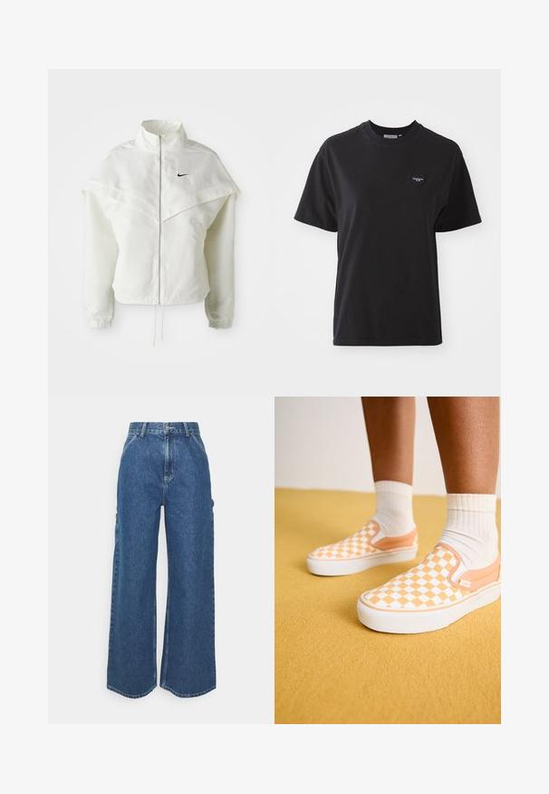Biała, długozapinana kurtka na zamek z wysokim kołnierzem, z pelerynowym detalem na ramionach, elastycznymi mankietami i małym czarnym logo Nike na piersi.; Czarny bawełniany t-shirt z okrągłym dekoltem, krótkimi rękawami i małym serduszkowym logo w górnym lewym rogu. Gładka tekstura, luźny krój.; Szerokie niebieskie dżinsowe spodnie z wysokim stanem, kontrastowymi szwami i bocznymi kieszeniami, z klasycznym pięciokieszeniowym wzorem i surowymi brzegami.; Vans CLASSIC SLIP-ON morelowy