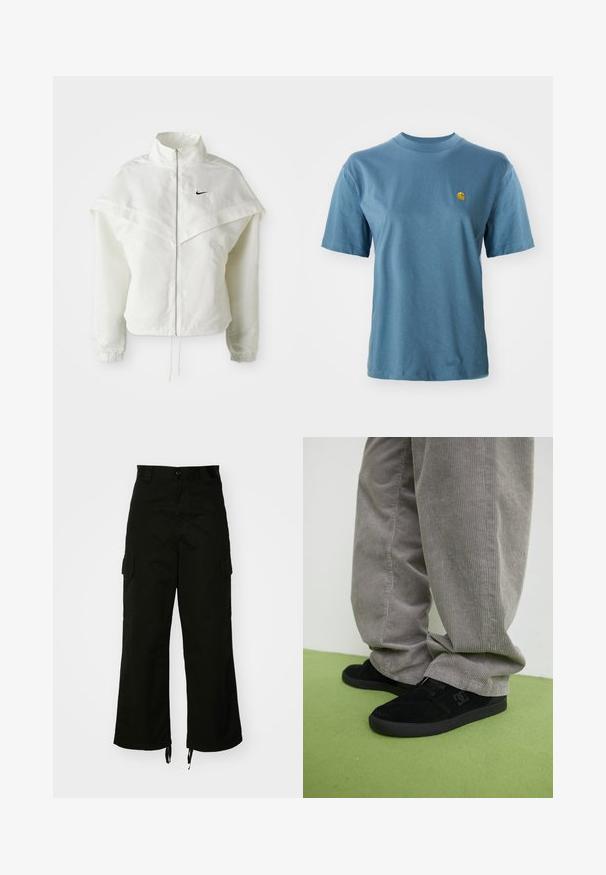 Fehér, hosszú ujjú, zipzáras dzseki magas gallérral, a vállakon lebegő, köpenyszerű résszel, rugalmas mandzsettákkal és kis fekete Nike logóval a mellkason.; Világoskék pamut póló rövid ujjakkal és bordázott kerek nyakkivágással. Bal mellkason egy kis sárga logóval díszítve.; Fekete cargo nadrág, pamutból készült, széles lábakkal, oldalsó zsebekkel és húzózsinóros szegélyekkel. A dizájn része egy gombos zárás a deréknál.; Fekete velúr gördeszkás cipők struktúrált felülettel és logóval, szürke kordbársony nadrággal, amely bordázott textúrával rendelkezik. Zöld padlófelület.