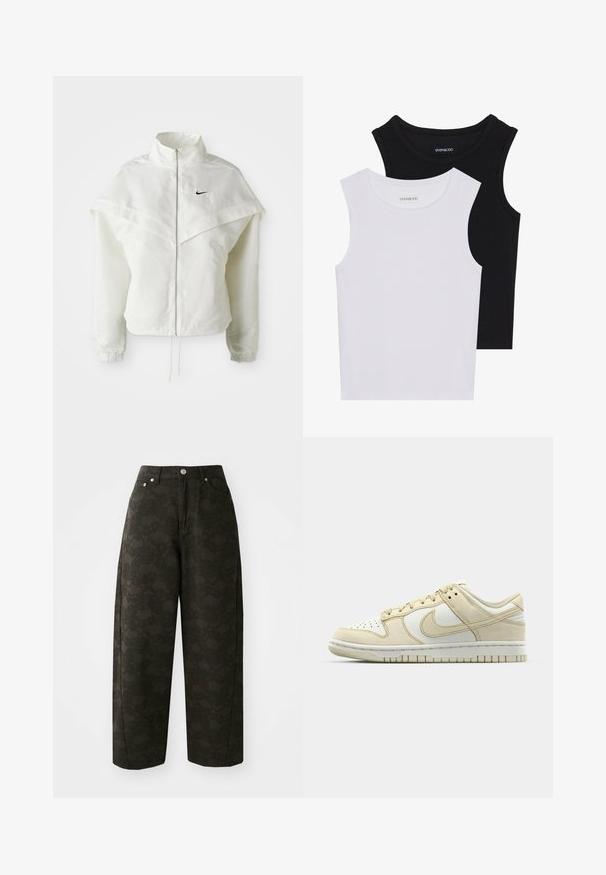Balta ilga rankovė zip-up striukė su aukštu apykakle, švarkelio tipo detalėmis ant pečių, elastingomis rankovėmis ir mažuoju juodu Nike logotipu ant krūtinės.; Du kamščių be rankovių juodos ir baltos spalvų, pagaminti iš banguoto medvilnės, su apvaliais kaklo iškirpimais ir priglundančiu siluetu. Matomi etiketės abiejuose.; Tamsiai žaliai platūs kelnių modeliai turi tekstūrinį gėlių raštą, penkias kišenes ir metalinius mygtukus juosmens srityje.; Bežiniai odiniai ir zefyro sportbačiai su perforuotu pirštu, paminkštintu apvadu ir tekstūruotais užrišimais. Turi baltą gumos padą ir logotipo akcentus.