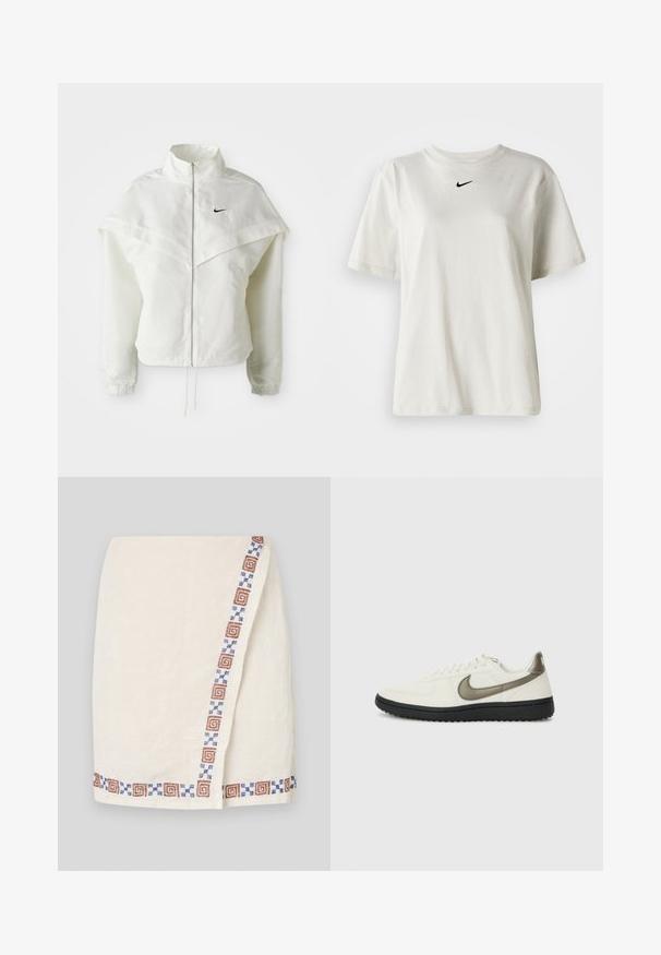 White long-sleeve zip-up jacket with high collar, cape-like detail across shoulders, elastic cuffs, and small black Nike logo on chest.; White cotton t-shirt with a round neckline and short sleeves. Features a small black Nike logo on the chest. Simple and unadorned design.; Cream-colored wrap skirt with textured fabric, featuring a patterned border in brown and blue geometric shapes along one side.; Nike Sportswear FIELD GENERAL - Trainers - off-white/black