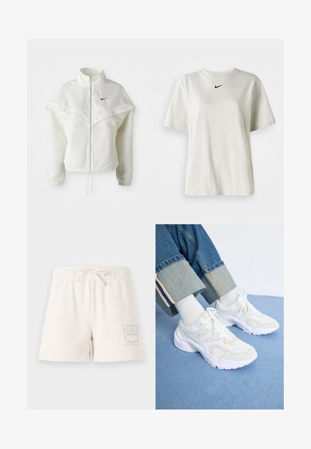 Fehér, hosszú ujjú, zipzáras dzseki magas gallérral, a vállakon lebegő, köpenyszerű résszel, rugalmas mandzsettákkal és kis fekete Nike logóval a mellkason.; Fehér pamut póló kerek nyakkal és rövid ujjal. A mellkason egy kis fekete Nike logó található. Egyszerű és díszítetlen dizájn.; Világos bézs pamut sort, rugalmas derékpánttal, állítható zsinórral, és világosbarna "NIKE SPORTSWEAR" logóval az oldalon.; Fehér sportcipők, amelyek hálós és szintetikus anyagból készültek, vastag talppal és texturált dizájnnal rendelkeznek, fehér bordázott zoknival párosítva.