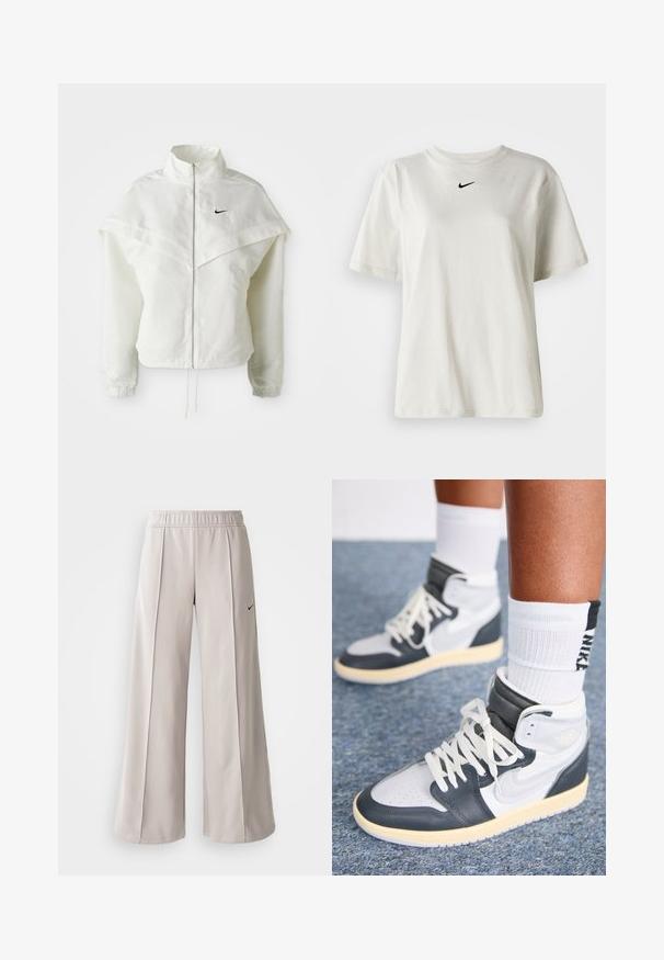 Weiße langärmlige Zip-Jacke mit hohem Kragen, cape-artigem Detail über den Schultern, elastischen Bündchen und kleinem schwarzen Nike-Logo auf der Brust.; Weißes Baumwoll-T-Shirt mit rundem Halsausschnitt und kurzen Ärmeln. Verfügt über ein kleines schwarzes Nike-Logo auf der Brust. Einfaches und ungeschmücktes Design.; Helle graue, weit geschnittene Hose aus glattem Stoff. Mit einem elastischen Bund und dem schwarzen Nike-Logo auf der linken Seite.; Jordan AIR JORDAN 1 HIGH METHOD OF MAKE - Sneaker high - anthracite/neutral grey/sail
