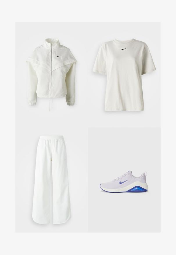 Witte lange mouwen zip-up jas met hoge kraag, cape-achtige details over de schouders, elastische manchetten en een klein zwart Nike-logo op de borst.; Witte katoenen t-shirt met een ronde halslijn en korte mouwen. Heeft een klein zwart Nike-logo op de borst. Eenvoudig en onopgesmukt ontwerp.; Witte atletische broek met wijde pijpen, een geribde tailleband en subtiele logodetails. Soepele stof met een relaxte pasvorm en taps toelopende zoom.; Lichtpaarse sportieve schoen met een ademende mesh bovenkant, witte tussenzool en een blauwe accent op de hiel en de zool. Voorzien van veters en een logo.