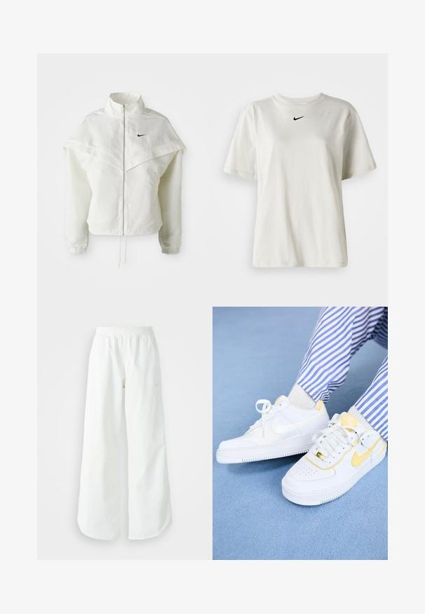 Biela bunda s dlhým rukávom na zips a vysokým golierom, s plášťovým detailom cez plecia, elastickými manžetami a malým čiernym logom Nike na hrudi.; Biely bavlnený tričko s okrúhlym výstrihom a krátkymi rukávmi. Na hrudi sa nachádza malé čierne logo Nike. Jednoduchý a nezdobený dizajn.; Biele široké športové nohavice s ribbovaným pásom a jemným logom. Hladká tkanina s uvoľneným strihom a zúženým lemom.; Biele tenisky Nike Air Force 1 so žltými akcentami a perforovanou špičkou, spárované so pruhovanými modro-bielymi nohavicami. Textúrované modré pozadie.