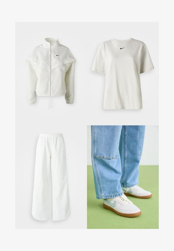 Λευκό ζακέτα με μακριά μανίκια και κλείσιμο με φερμουάρ, υψηλό γιακά, λεπτομέρεια που μοιάζει με κάπα στους ώμους, ελαστικούς μανσέτες και μικρό μαύρο λογότυπο Nike στο στήθος.; Λευκό βαμβακερό μπλουζάκι με στρογγυλή λαιμόκοψη και κοντά μανίκια. Διαθέτει ένα μικρό μαύρο λογότυπο Nike στο στήθος. Απλός και κομψός σχεδιασμός.; Λευκό αθλητικό παντελόνι σε φαρδιά γραμμή με ραμμένο ζώνη και διακριτική λεπτομέρεια λογότυπου. Απαλή υφή με άνετη εφαρμογή και στενό στρίφωμα.; Λευκά αθλητικά παπούτσια με ανοιχτό μπλε λεπτομέρειες, υφασμάτινη υφή στο πάνω μέρος και καφέ καουτσούκ σόλα, συνδυασμένα με χαλαρά ανοιχτό μπλε τζιν παντελόνια.